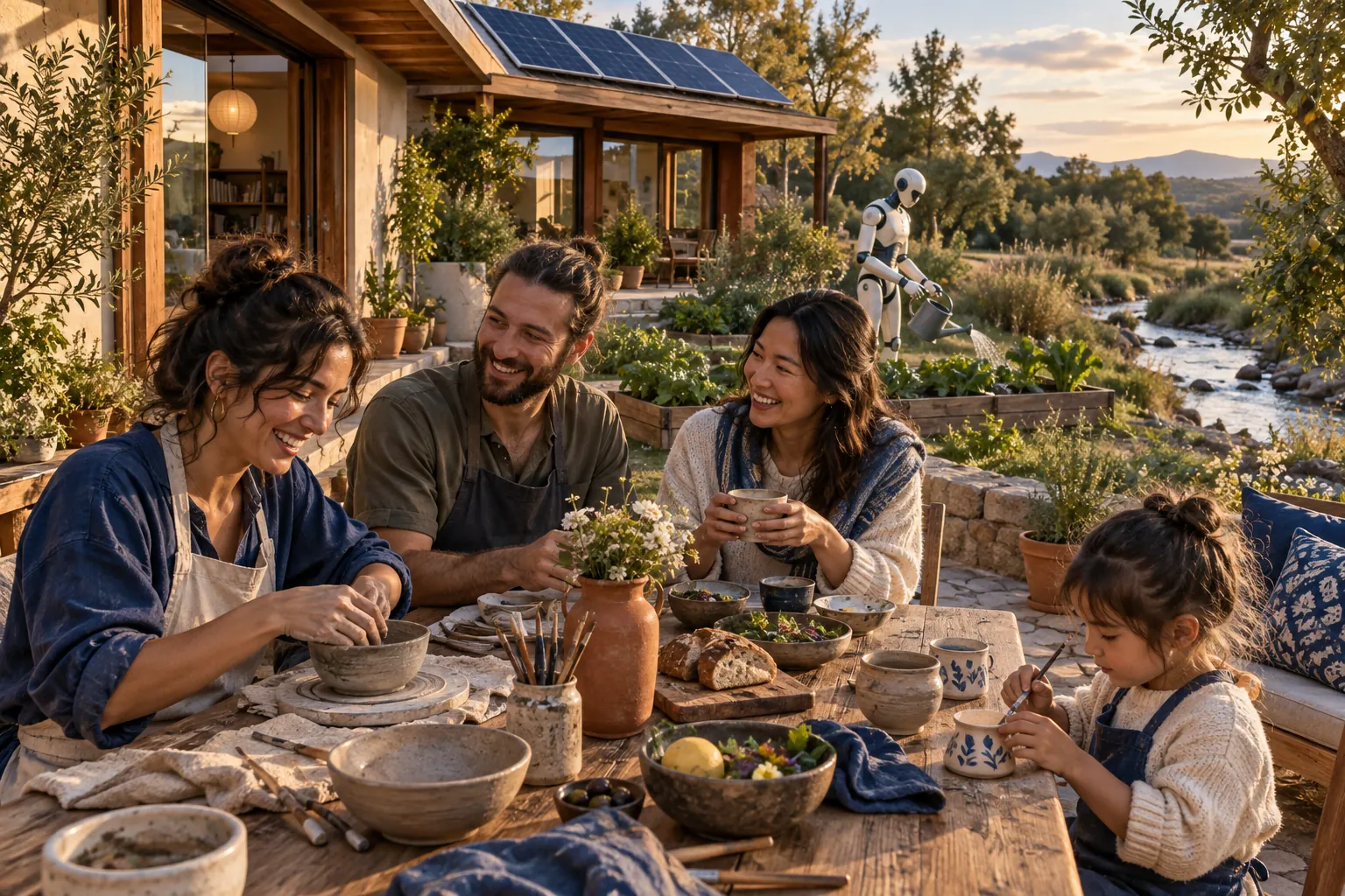 An imagined afternoon: people make pottery beside a solar-powered home while a humanoid tends the garden.